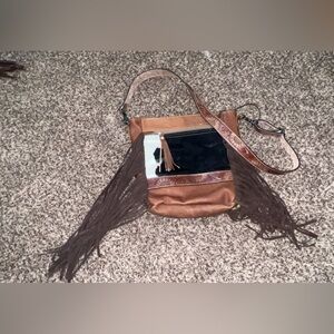 Myra Bag Tan and Black Crossbody with Fringe